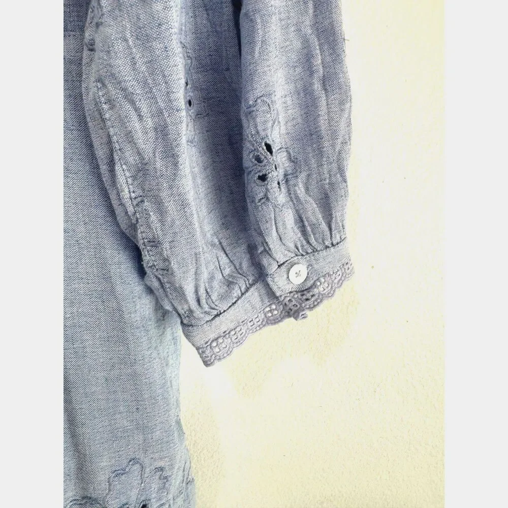 Tommy Bahama dress linen blend chambray like babydoll embroidered summer women L - Picture 4 of 6